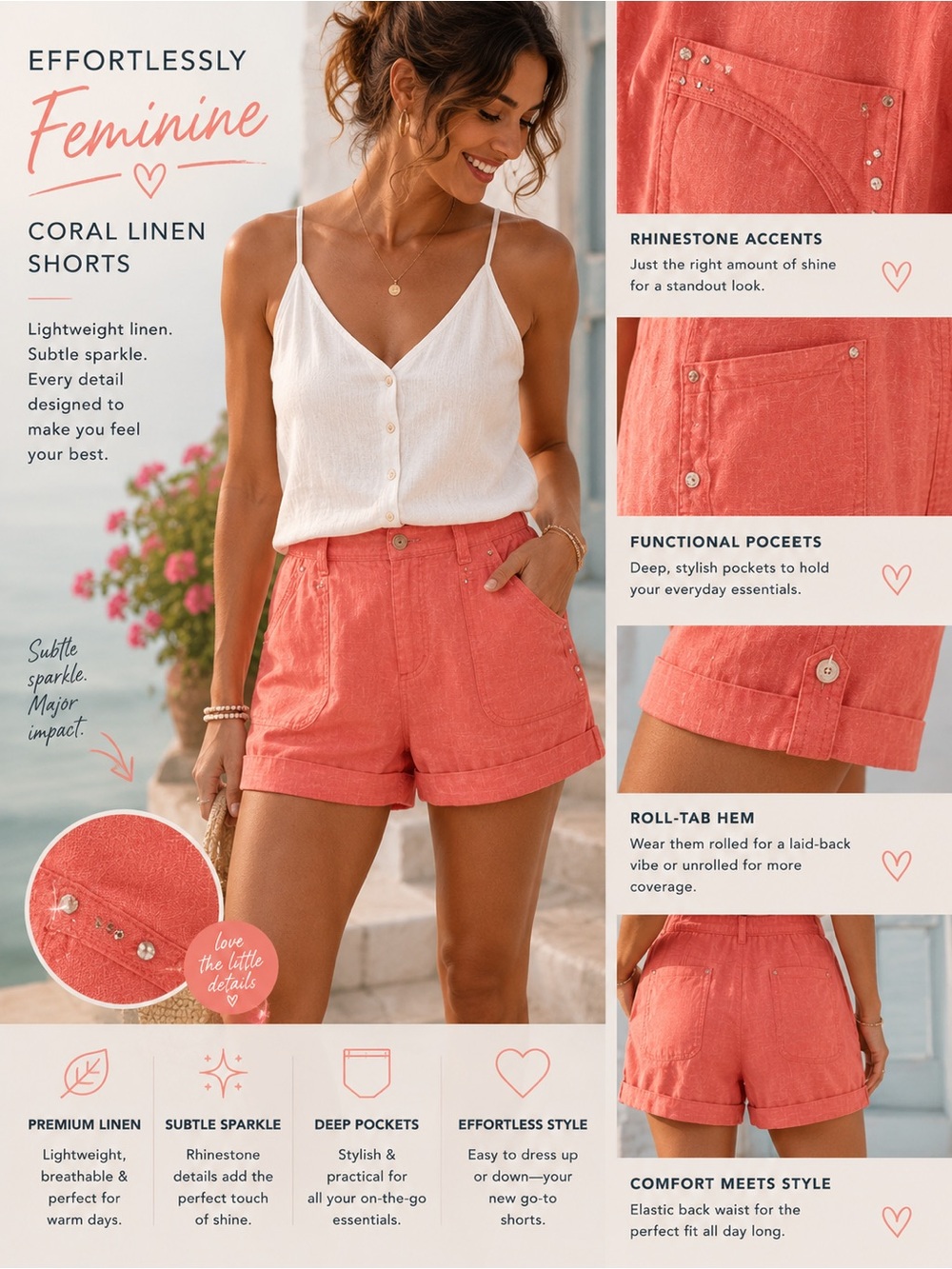 INC International Concepts Coral Pink Linen-Blend Shorts